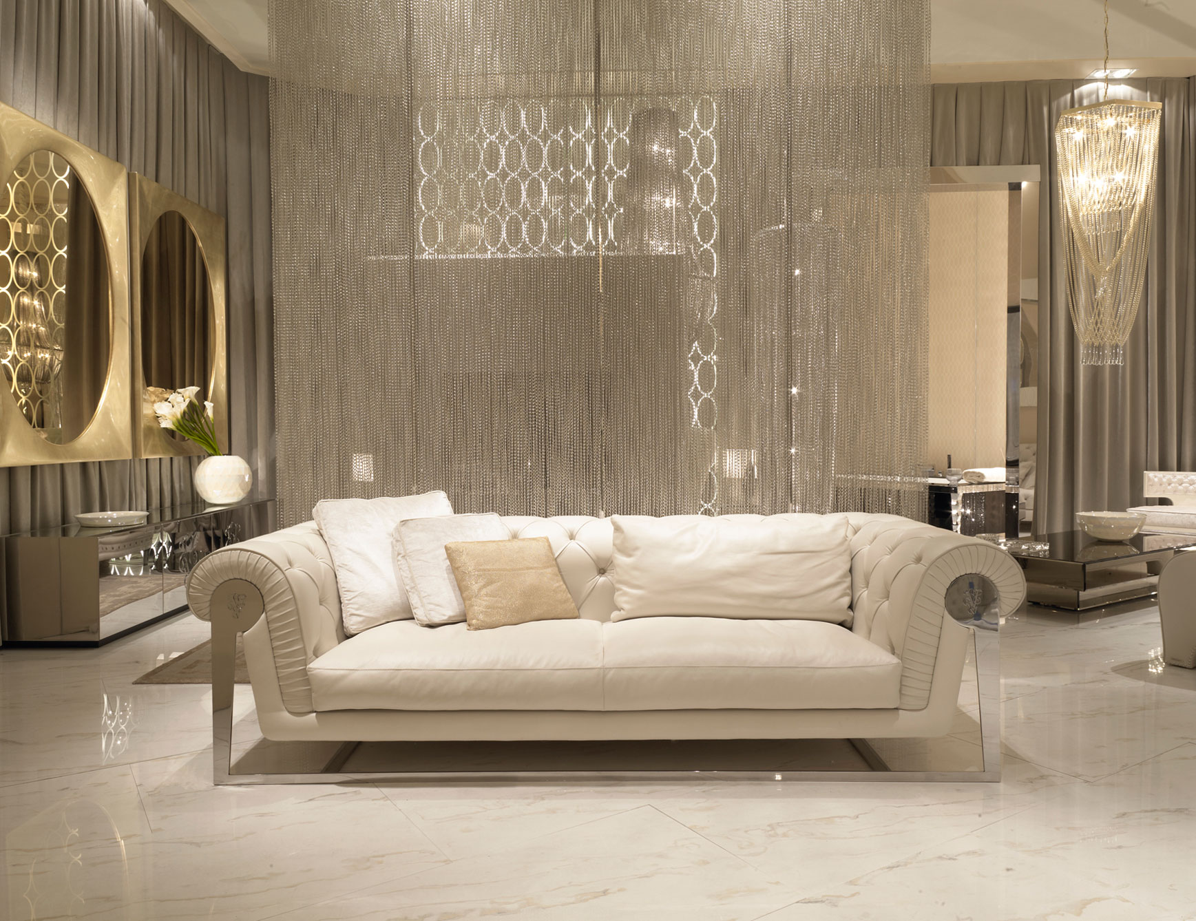 Sleek White Marble Floor Italian Sofas Shiny Gold Mirror